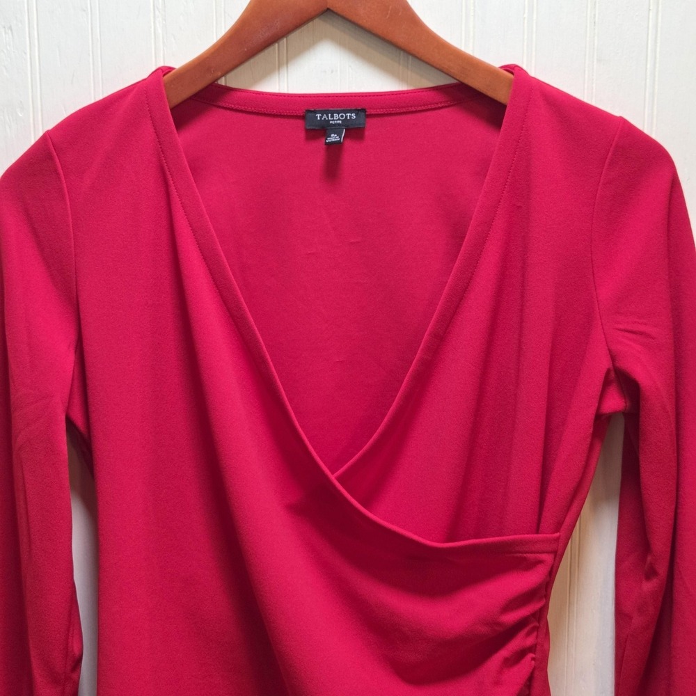 Talbots Blouse Womens Petite Small Red Surplice V Neck Long Sleeve Ruched Top